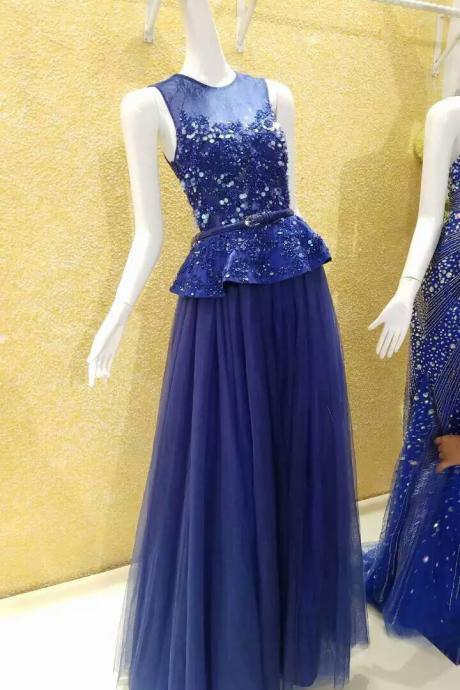 Royal Blue Evening Dress,lace Evening Dress,applique Evening Gowns,sequined Evening Dress,puplum Evening Dress,a-line Evening Dress,tulle