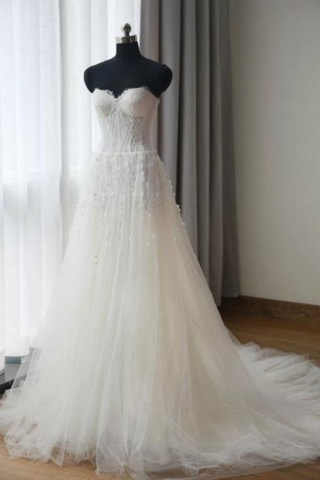 Floor Length Tulle Wedding Gown Featuring Crystal Flower Embellishments And Lace Strapless Sweetheart Bodice