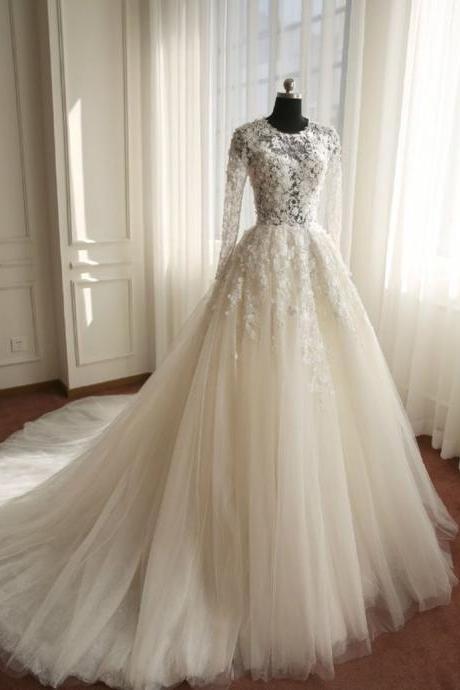Real Samples Long Sleeves Muslim Wedding Dress,lace Applique Flowers Wedding Dress ,wedding Gown,a-line Crystal Wedding Dress,bride Dresses