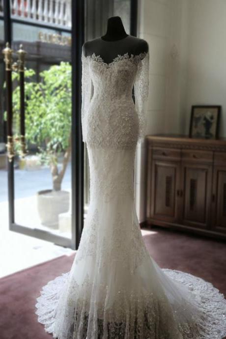 Vintage Muslim Long Sleeves Wedding Dress,Long Lace Applique Beaded Crystal Wedding Dress,Crystal Wedding Dress,Wedding Gown,Bride Dresses 