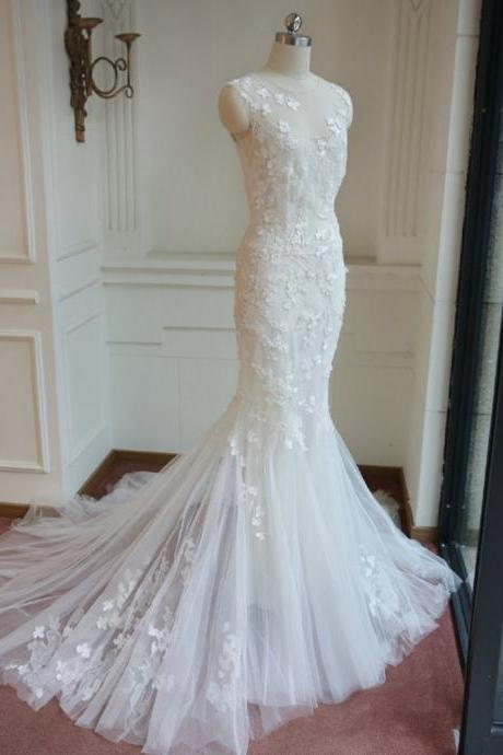 Elegant Mermaid Lace Wedding Dress.sleeveless Applique Wedding Dress Plus Size,ivory Wedding Dress