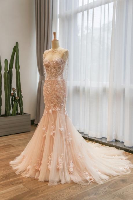 Elegant Wedding Dress ,mermaid Lace Wedding Dress,pink Wedding Gown,sweetheart Neckline Bridal Gown Flowers Beaded Wedding Dress