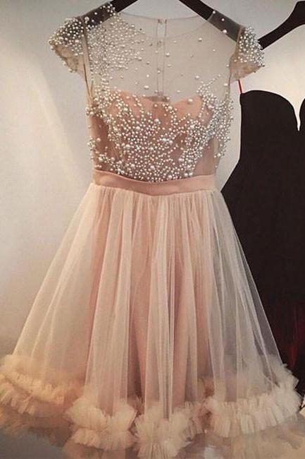 A-line Sheer Capped Sleeves Short Party Dress 2017 Champagne Beading Tulle Homecoming Dresses