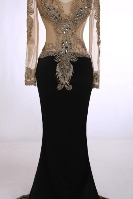 Black Mermaid prom dresses Floor-Length Prom Dress with Beading evening dress 
