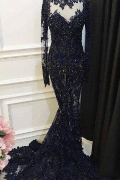 High-Neck Beaded Long-Sleeve Mermaid Appliques Lace Sequined Black Prom Dress