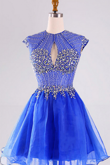 Homecoming Dresses 2018,open Back Prom Dresses With A Sexy Keyhole, Royal Blue Cap Sleeve Short Prom Gowns, High Neck Beaded Homecoming Dress