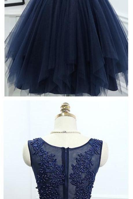 Short Homecoming Dress,applique Homecoming Dress,charming Prom Dress,navy Blue Tulle Prom Dresses,elegant Prom Dress,beaded Prom Gown