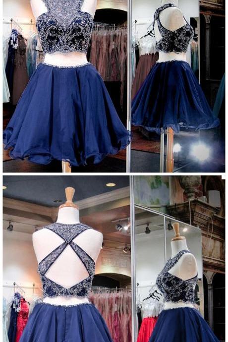 Two Pieces Navy Homecoming Dresses, Luxury Rhinestone Homecoming Dresses, Navy Homecoming Dresses, Popular Homecoming Dresses, Short Prom