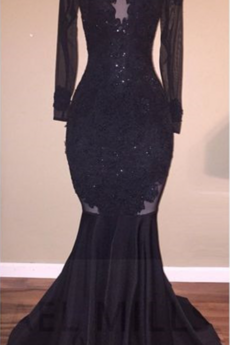 Sexy Appliques Long Sleeves Black Backless Mermaid Prom Dress
