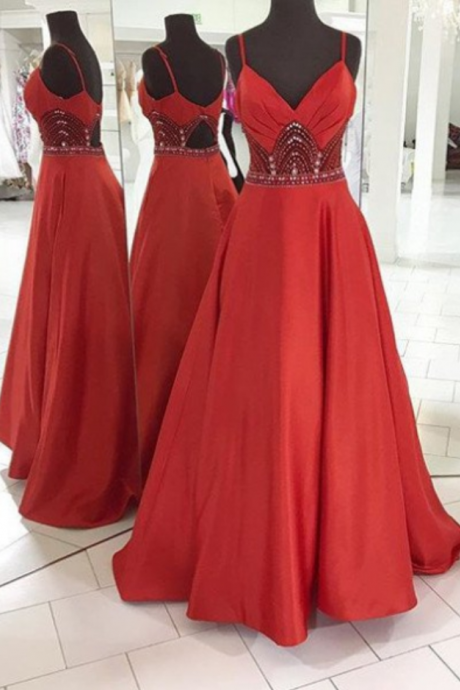 Red Prom Dresses 2018 Spaghetti Straps Crystal A-line Satin Evening Party Dresses