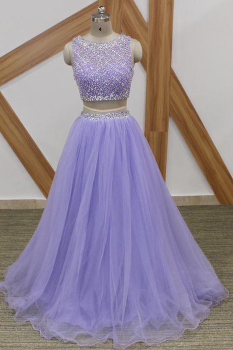 Lavender Long Prom Dresses Sparkly Beaded Top 2 Pieces Prom Dress Custom Made A Line Crop Top Tulle Arabic Party Gowns
