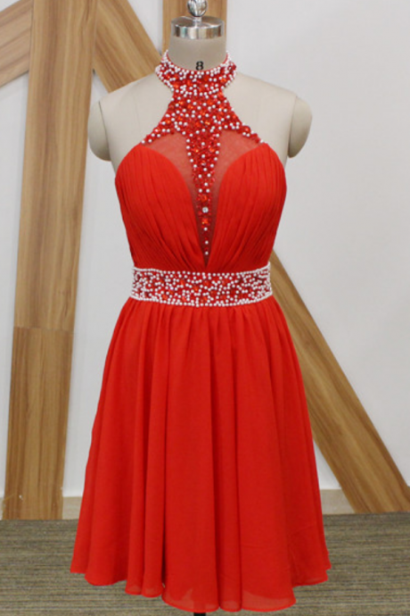 Red Short Prom Dresses Backless Halter Knee Length Chic Beaded Pearls Sexy Party Gowns Custom Made Arabic Prom Dress