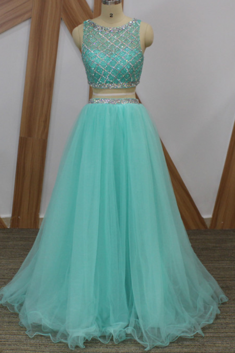 Light Blue Luxury Beaded 2 Piece Prom Dresses A Line See Though Back Crop Top Long Prom Dress Sparkly Arabic Party Gowns