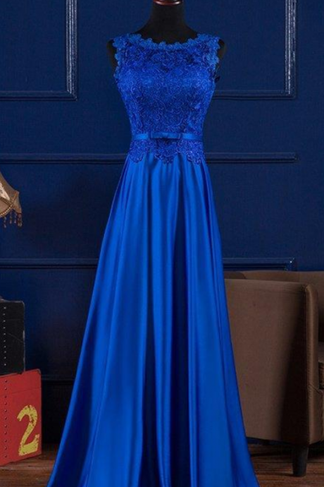 Scoop Neck Lace Satin Evening Dress, Blue Prom Dress, Floor Length Prom Dress, Long Royal Blue Prom Dress, Floor Length Formal Dress Lace Up