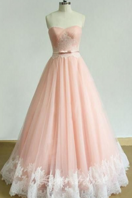 Strapless Long Lace Prom Dresses,back Up Lace Pink Prom Dress For Teens