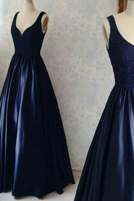 Double Straps Evening Dresses, Navy Blue Formal Evening Dresses, Elegant Floor Length Evening Dress