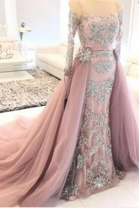 Luxury Lace Appliqued Evening Dresses,floor-length See-through Neckline Saudi Arabia Party Dresses With Long Sleeve ,fashion Party Gown