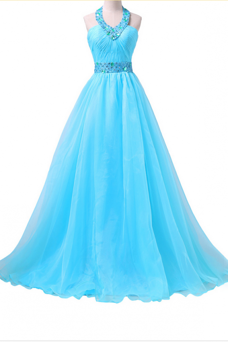 Fashionable Halter Prom Dress With Ruching Detail, Blue Chiffon Prom Gowns With Sweep Train, Beaded Prom Dresses,