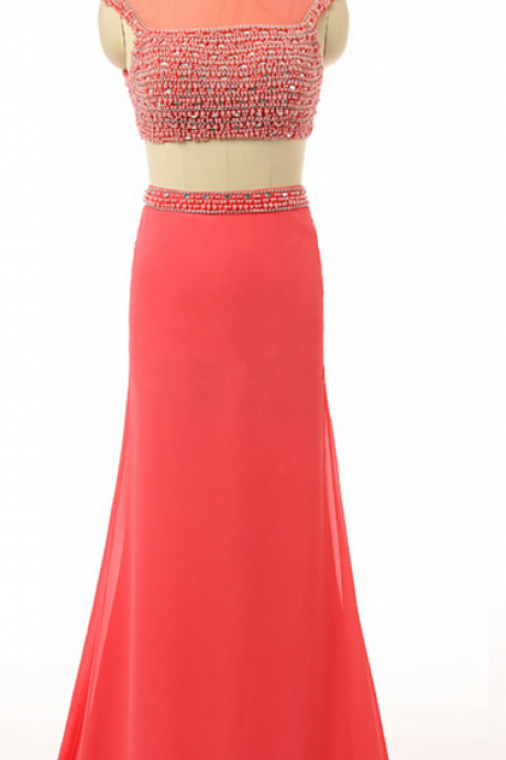 Crystal Beaded High Neck Prom Dress, Fashion Chiffon Two Piece Prom Dress, Watermelon Column Crop Top Prom Dress