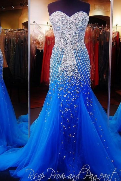 Luxury Blue Mermaid Prom Pageant Dress with Sweetheart Sleeveless Sweep Train Sparkling Crystal Beading Tulle Formal Christmas Evening Dress