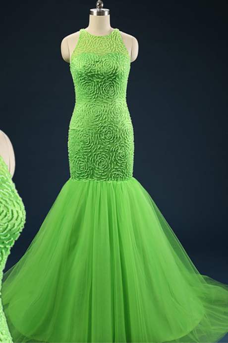 Real Pictures Bright Green Elegant Mermaid Prom Dresses Jewel Keyhole Evening Party Dresses With Beaded