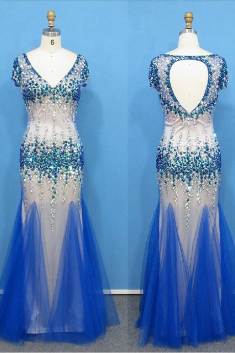 prom dresses,Sexy Deep V-neck Keyhole Back Mermaid Heavy Beaded Evening Dress With Crystals