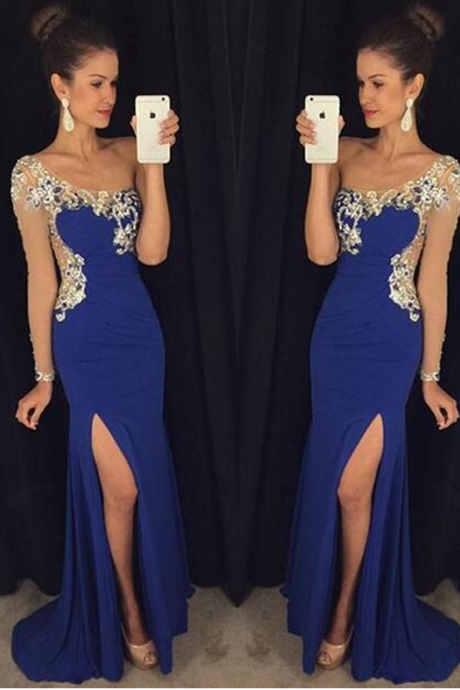 Beading Prom Dress,sexy One Shoulder Evening Dress,sexy Backless See Through Back Prom Dresses
