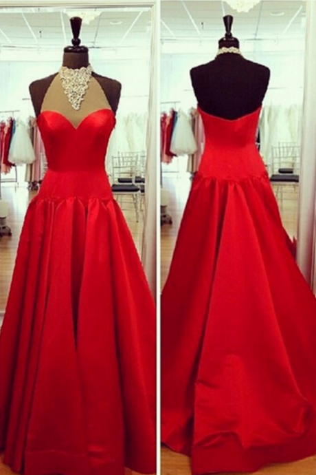 A Line Evening Dresses, Long Evening Formal Gown,red Halter Prom Dress