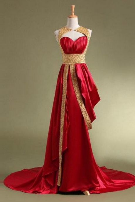 Red Long A-line Sweetheart Satin Court Train Prom Dresses Prom Gowns,prom Dresses , Prom Dresses