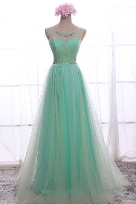 Charming Crystal Tulle Long Prom Dresses Floor Length Formal Dresses Sleeveless Evening Party Dresses