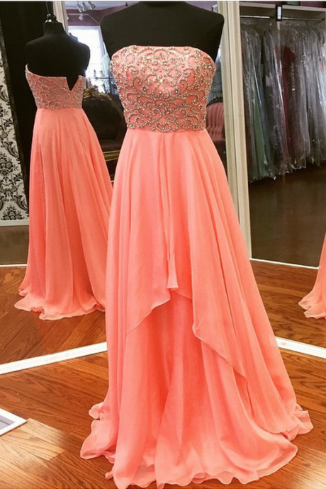 Charming Plus Size Chiffon Long Prom Dresses Beaded Strapless Formal Dresses Evening Party Gown Graduation Dresses