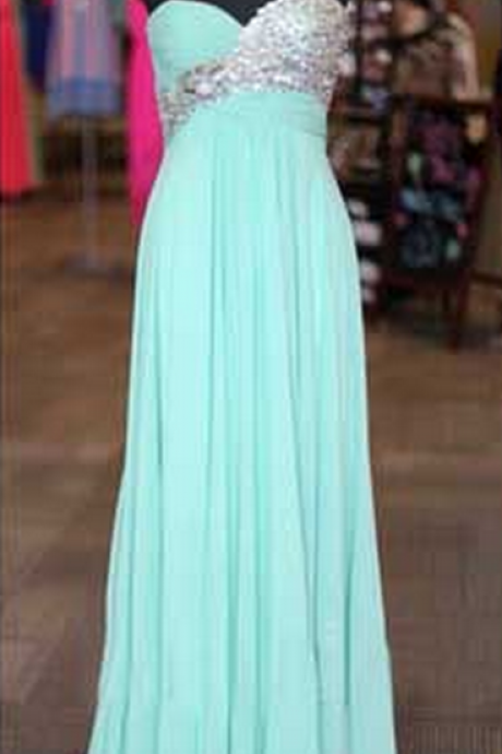 Charming A-line One Shoulder Long Chiffon Prom Dresses Sweetheart Beaded Formal Dresses Graduation Dresses Evening Gown