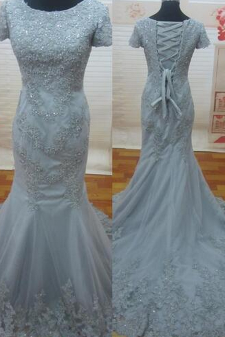 Sexy Lace Applique Beading Prom Dress, Lace Up Evening Dress