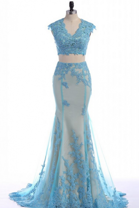 Ice Blue Organza Lace Applique Two Pieces Mermaid Train Evening Dress, Formal Dress