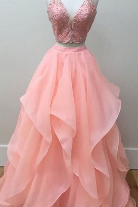 Pink Two Pieces Lace Long Prom Dress, Pink Evening Dress