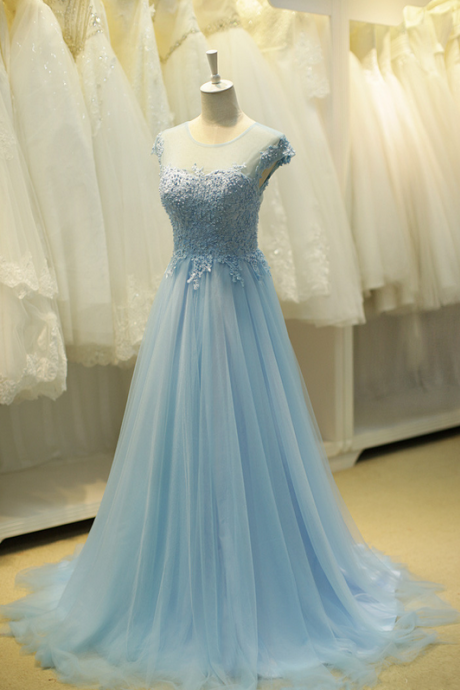 Prom Dresses, A Line Blue Evening Dress, Beaded Prom Dress, Wedding Guest Dress, Bridesmaid Dress