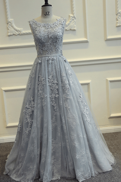 Grey Prom Dresses,long Prom Dresses,tulle Prom Dresses,lace Prom Gowns Evening Dresses,