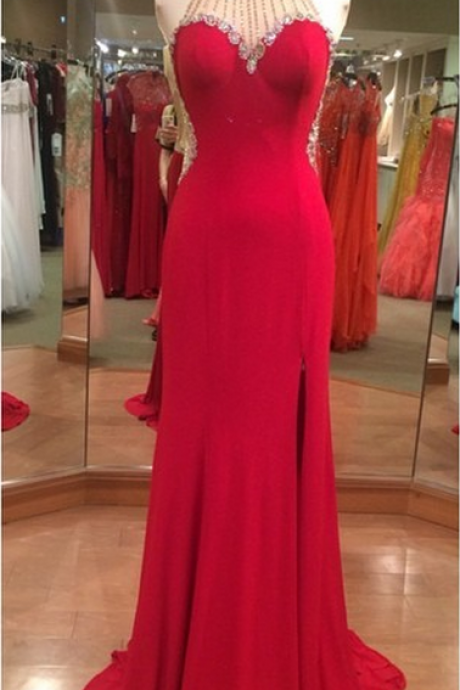 Luxurious Beaded Mermaid Prom Dress, Black Prom Dress, Red Party Dress Beaded, High-neck Prom Dress, Slit Prom Dress