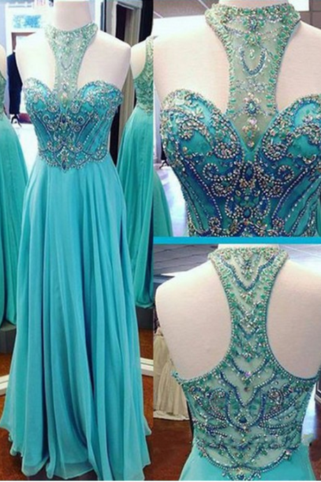 Prom Dress,beaded Prom Dress,a-line Chiffon Evening Dress,turquoise Chiffon Prom Dresses, Prom Dress