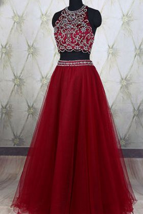 High Quality Prom Dress,tulle Prom Dress,beading Prom Dress,two Pieces Prom Dress, Halter Prom Dress