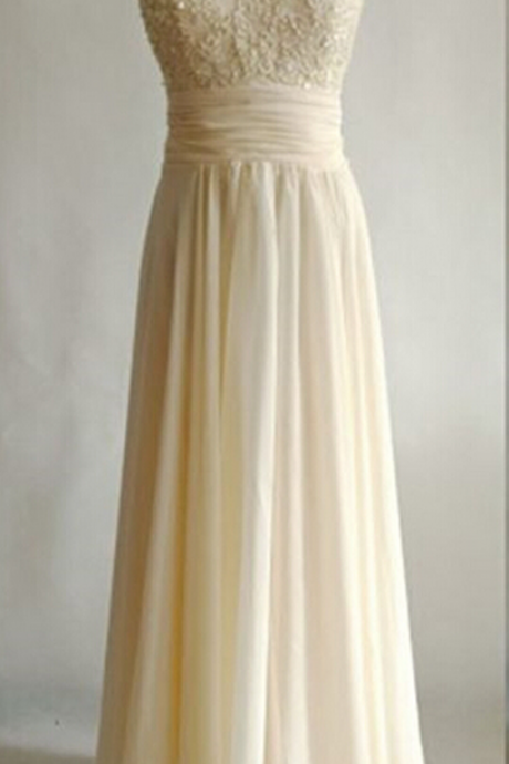 Harming Style Chiffon Floor Length Creamy Prom Dress With Applique, Prom Dress