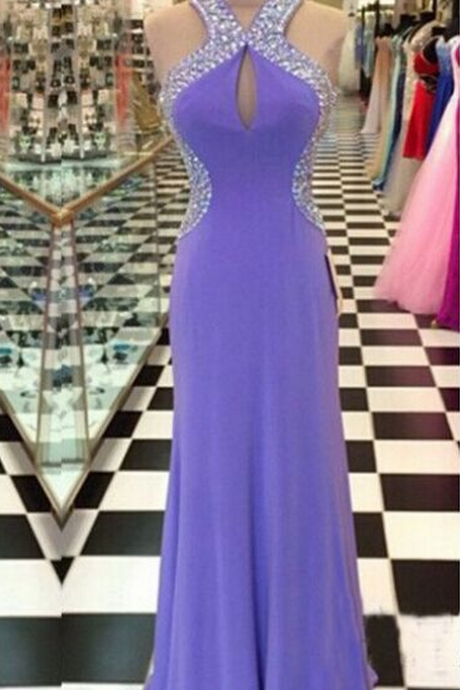 Beaded Prom Dresses A-line Lavender Purple Halter Neck Sexy Backless Long Evening Gowns