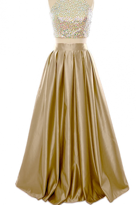 Gold Two-Piece Prom Dress Featuring Beaded Embellished High Halter Cropped Top and High Rise Floor Length A-Line Skirt