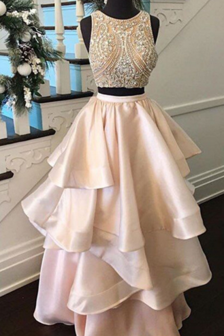 Jewel Prom Dresses, Two Piece Prom Dress In Champagne Color, Sleeveless Beaded Crystal Prom Dress