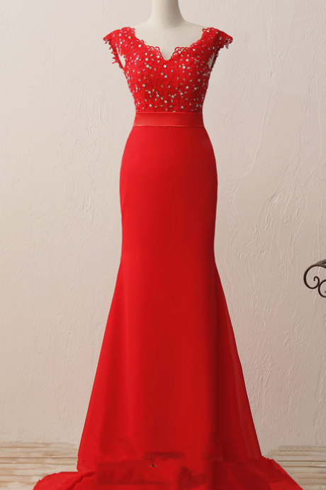 Evening Dress,women's Formal Cap Sleeve Mermaid Red Evening Dresses, Bridesmaid Dresses