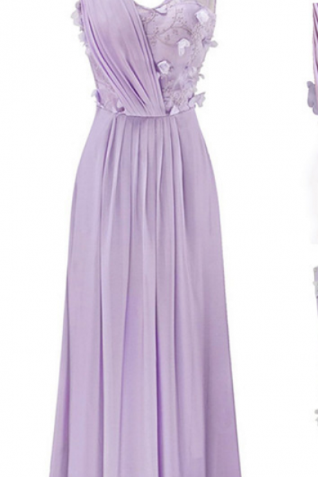 Lilac Sleeveless A-line Long Chiffon Bridesmaid Dress With 3d Floral Appliqués