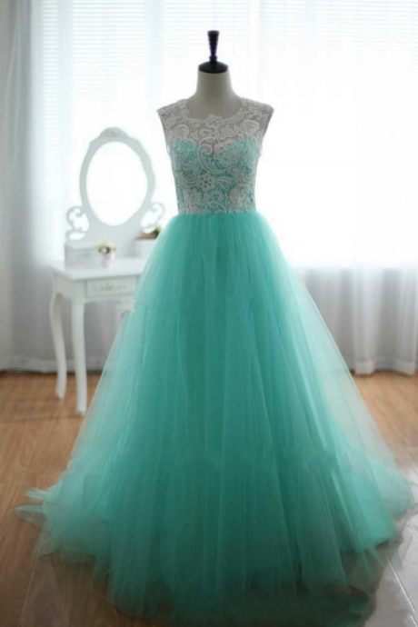 Long Tulle Lace Icy Blue Prom Dress