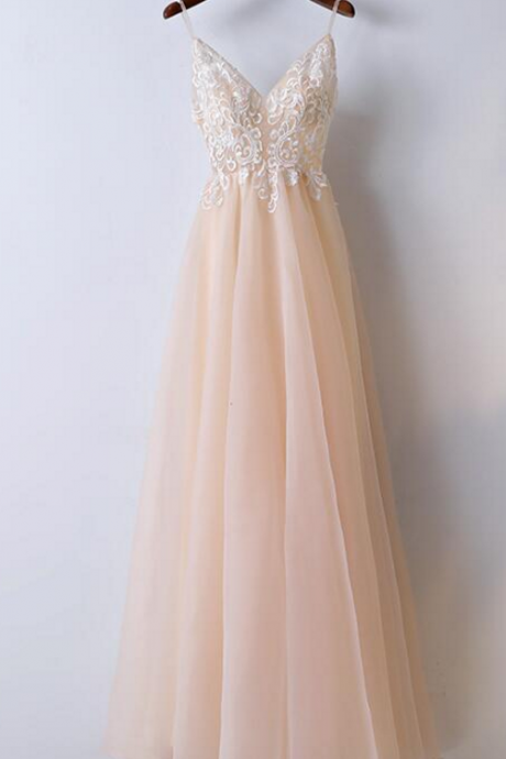 Spaghetti Straps Long Prom Dress With Lace