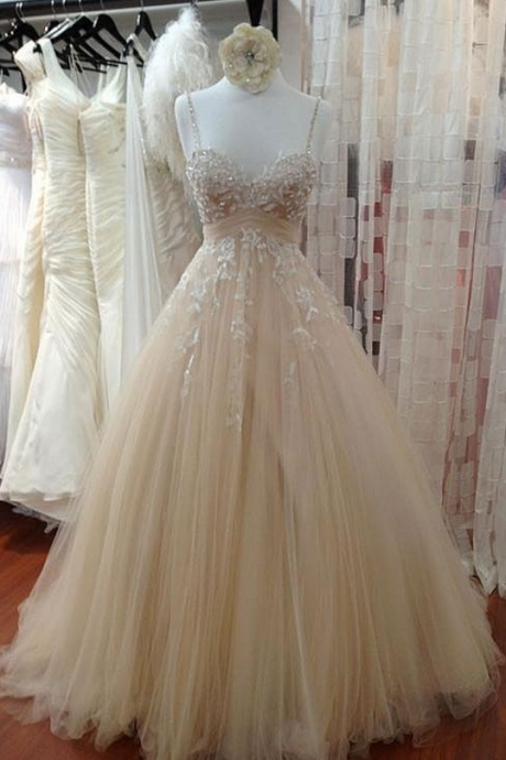 Spaghetti Straps Champagne Prom Dress With Beaded Lace
