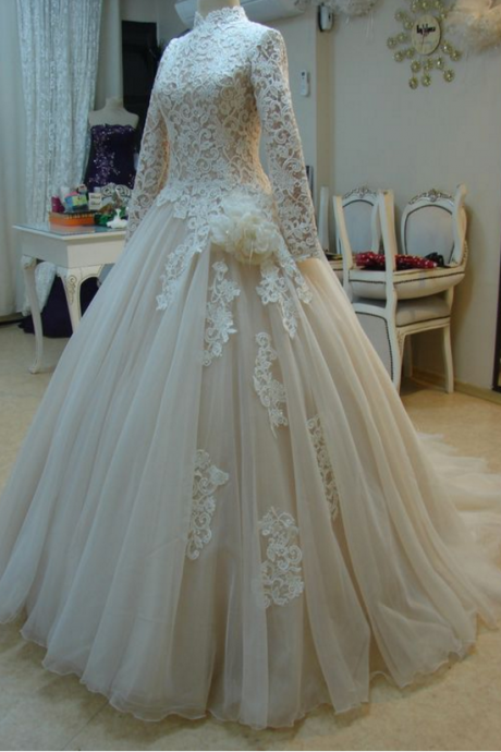 Light Champagne Muslin Wedding Dress With Handmade Flowers